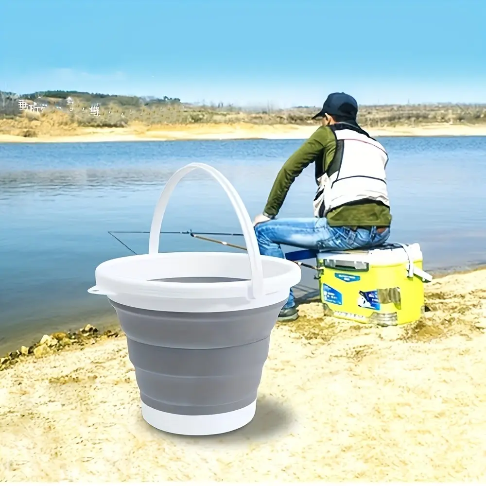 Portable Folding Rubber Bucket with Handle, Outdoor Watering Bucket, Multi-Functional Foldable Round Bucket for Camping, Car Washing, Laundry, Fishing, Home Cleaning