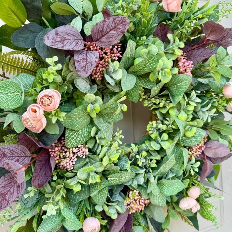 Summer Greenery Wreath with Berries and Fern Leaves, Handmade Farmhouse Door Wreath, Indoor Outdoor Wall Window Decor, All-Season Hanging Decoration