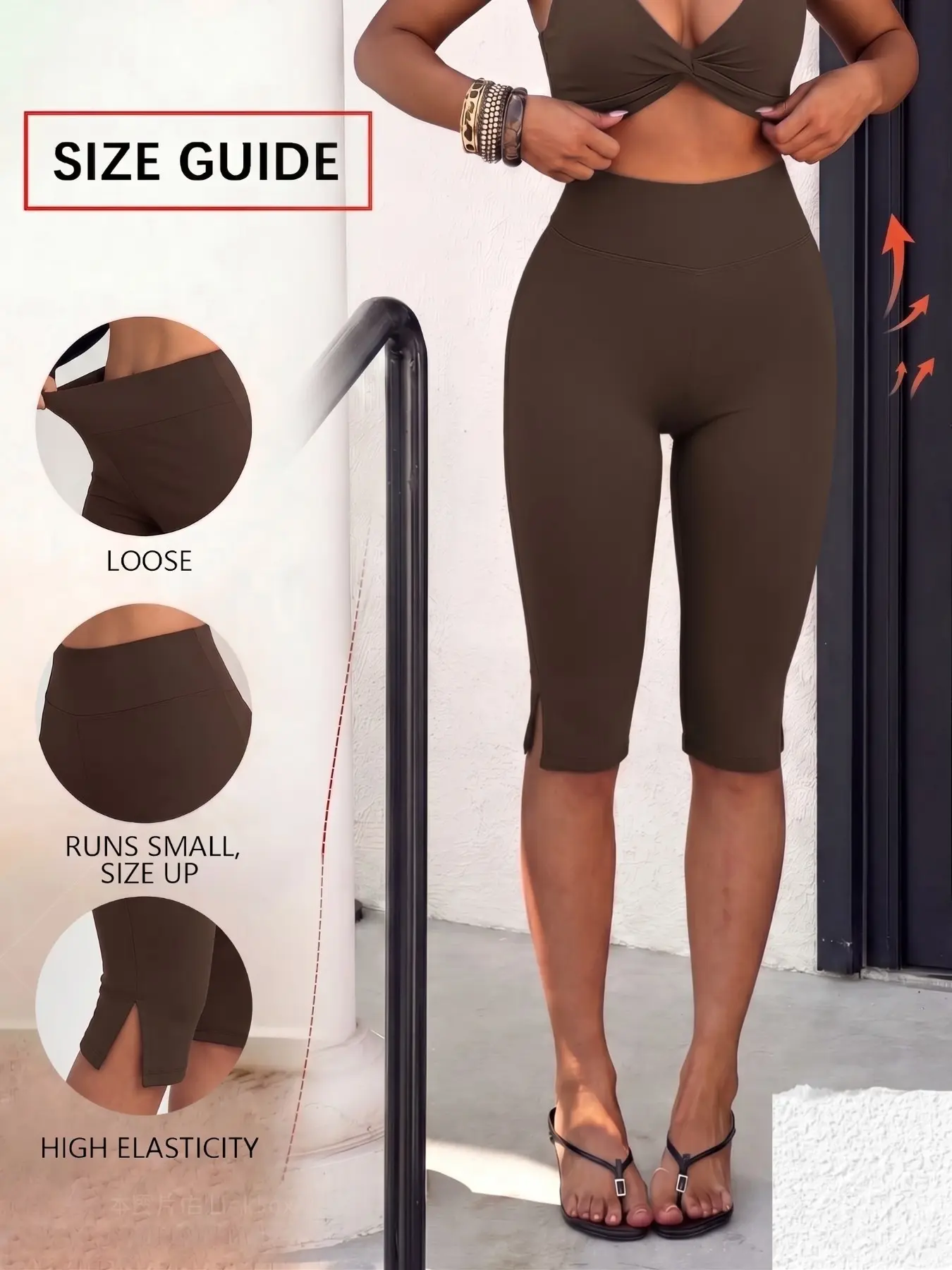 Women's Brown High-Waisted Capri Leggings, Stretchy Bodycon 3/4 Length Yoga Pants, Slim Fit Athletic Workout Running Sculpting Activewear For Fitness, Summer Lounge Pants