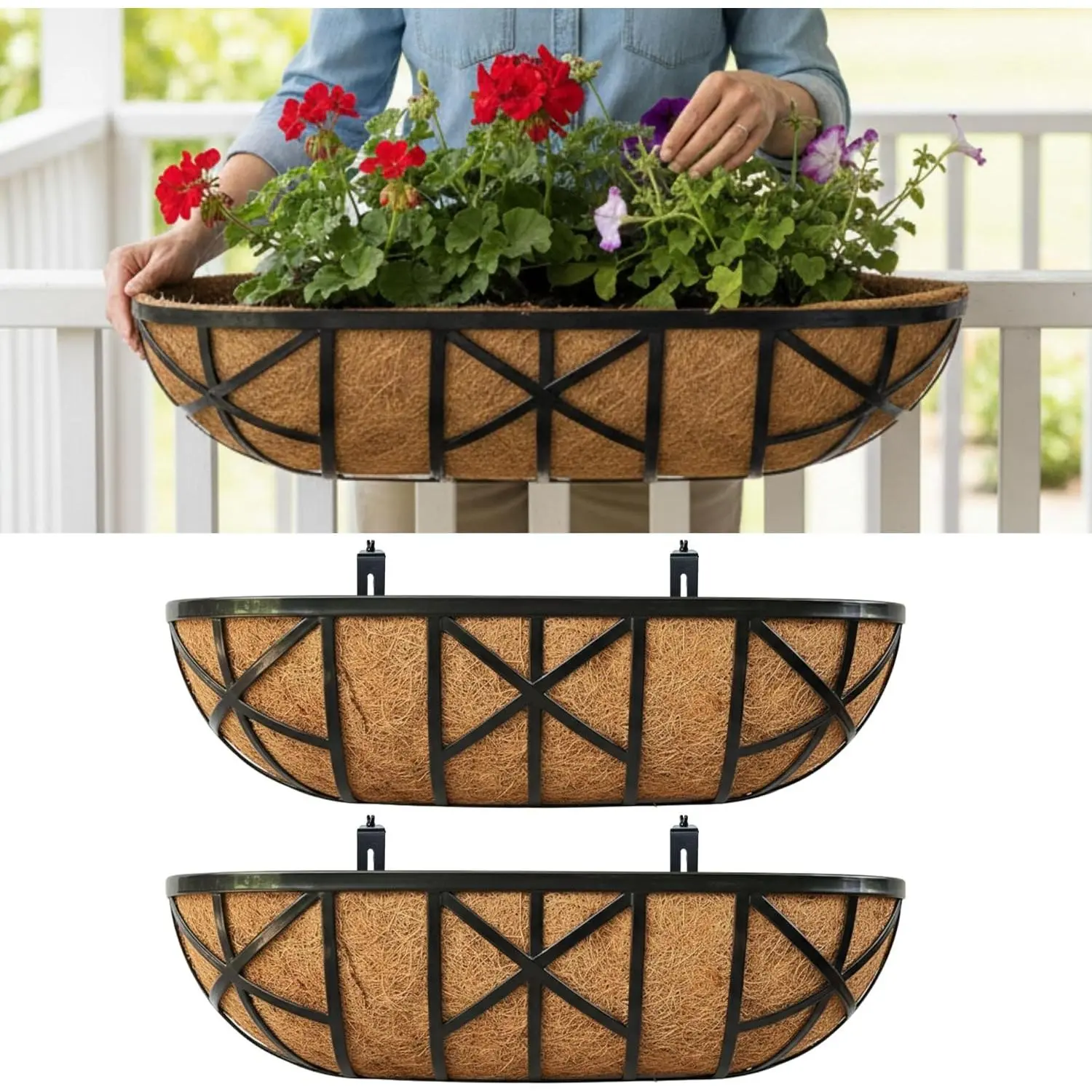 24 Inch, 2 Pack Railing Planters with Adjustable Mounting Brackets – Black Metal Window Planter Boxes for Outdoor Gardening, Wall-Mount Flower Pots, Balcony Fence Patio, Porch, Garden