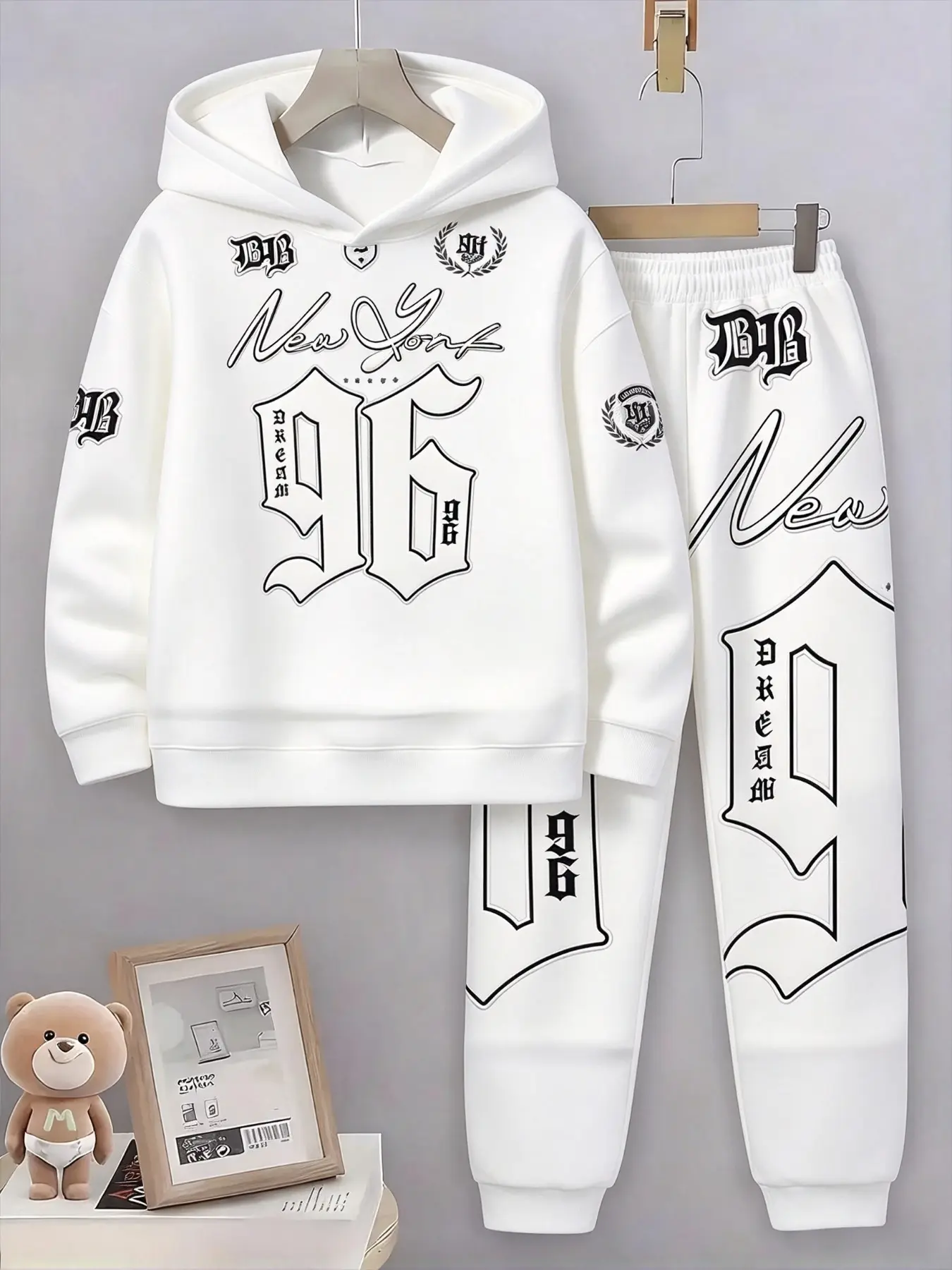 Boys' Trendy Hooded Sweatshirt and Pants Set, Y2K Fashion Sporty Print, Casual Long Sleeve Slim-Fit, All Seasons Wear, Clothing Sets