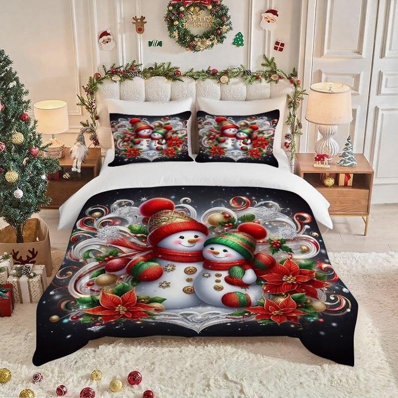 Christmas Theme Bedding Set, 3-Piece Snowman Pattern, Polyester Fiber, Fitted Sheet and Two Pillowcases, Universal Size