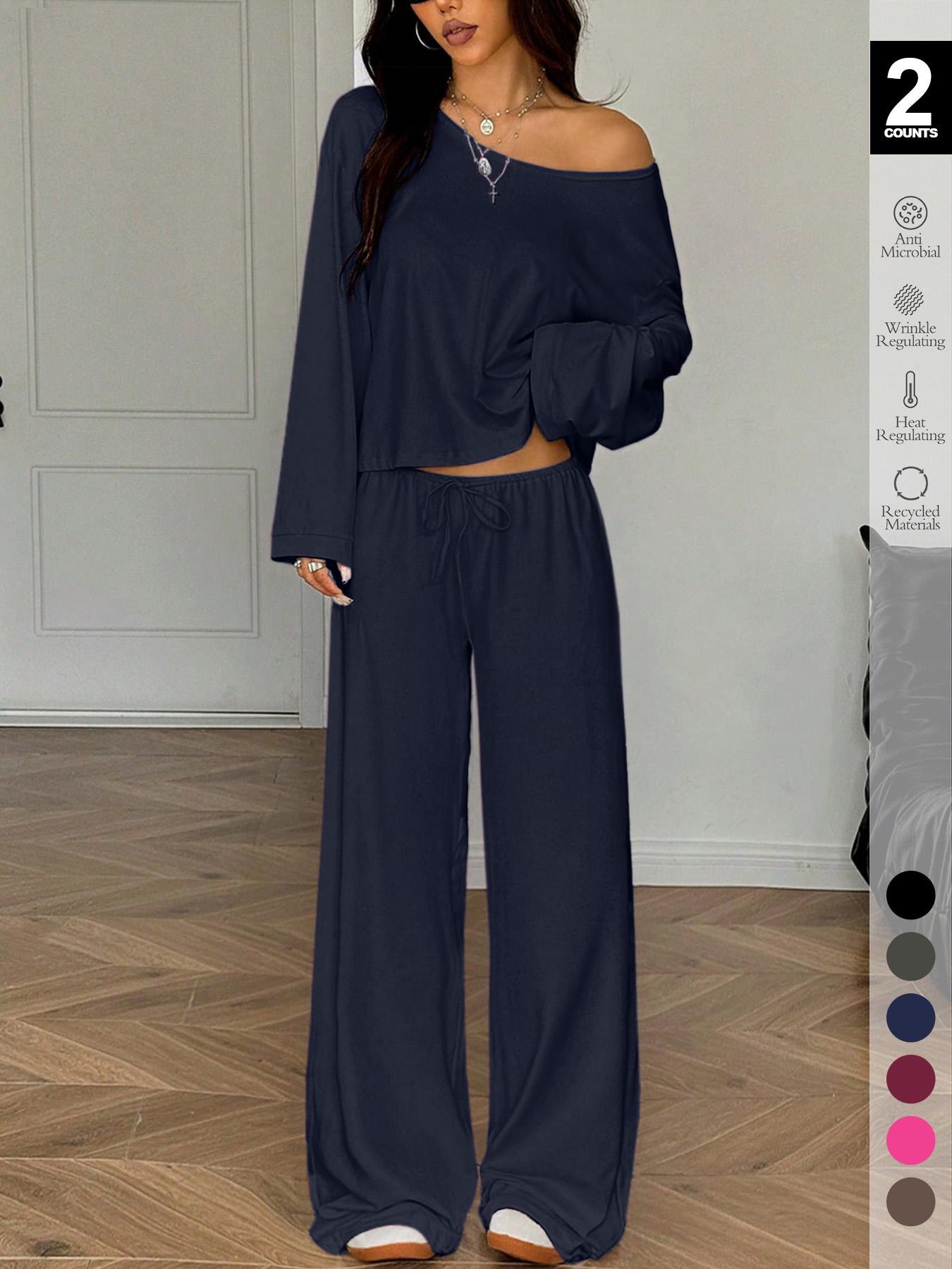 Women's 2-Piece Sleepwear Set, Elegant Solid Color Loose-Fit Long Sleeve Thermal Top and Pants, Pajama Set for Autumn and Winter