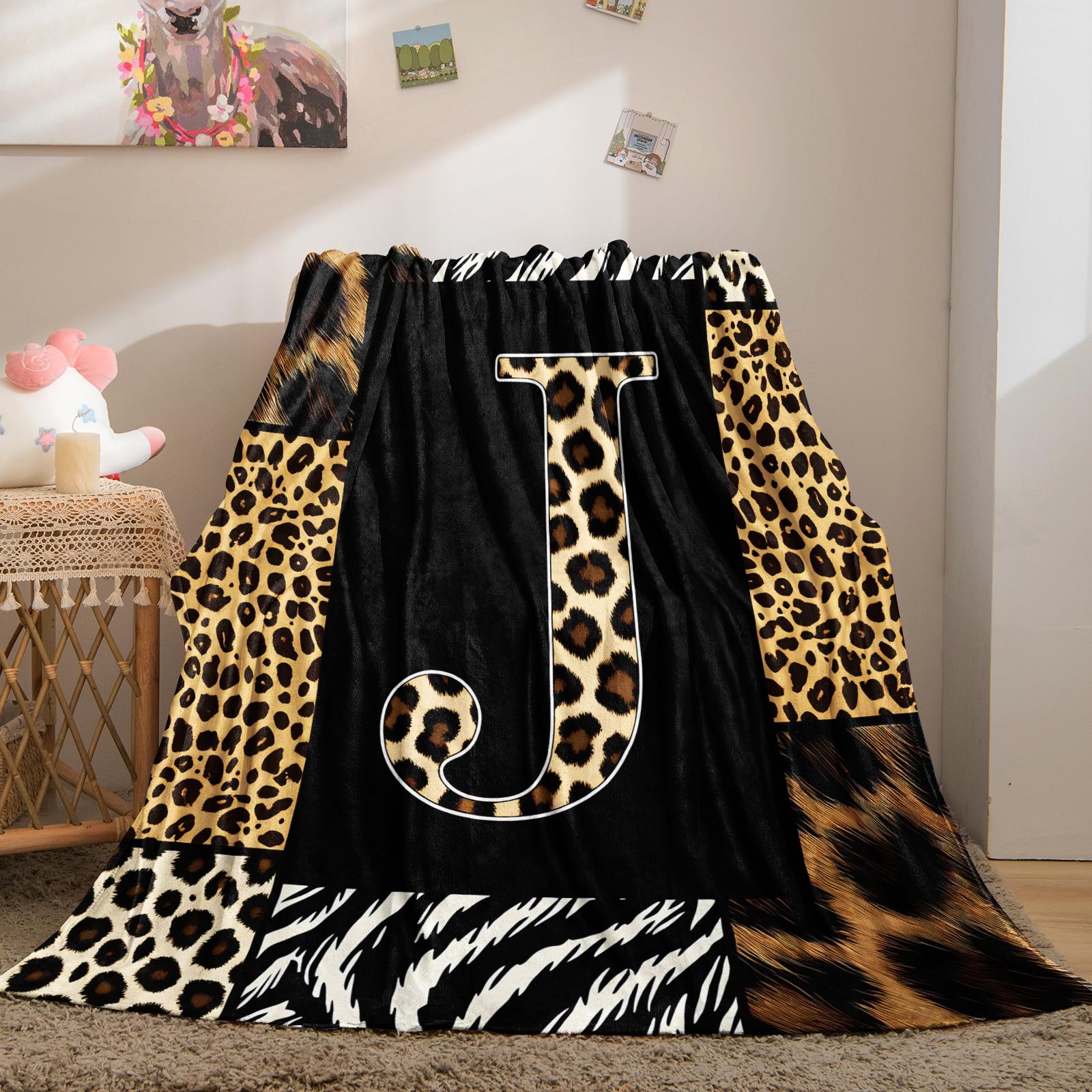 Animal Print Monogram Throw Blanket, Leopard Zebra Tiger Initial Soft Flannel Blanket for Sofa Bed, Gift for Animal Lovers