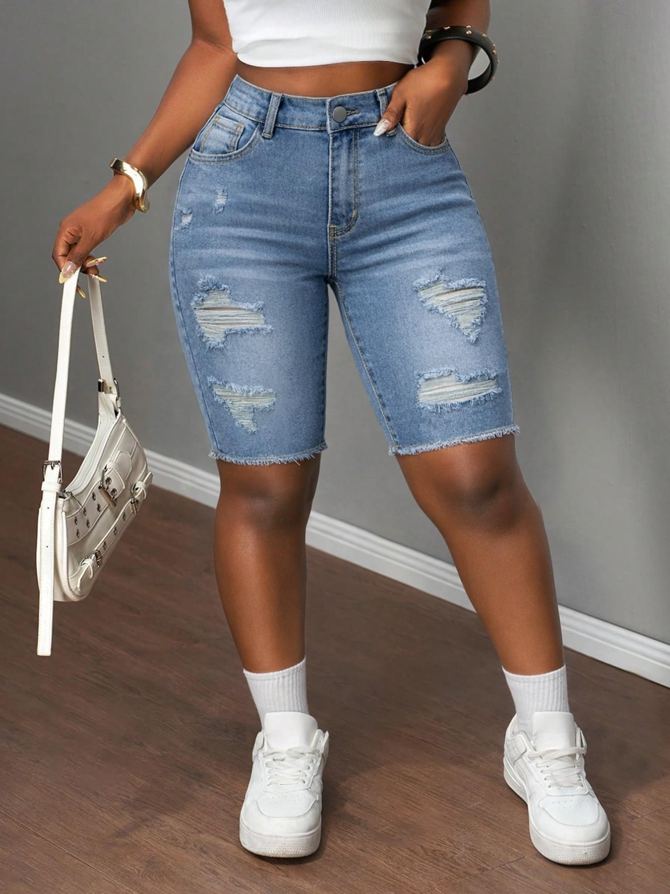 Women's Summer Denim Jeans High Elasticity Mid-Waist Slim Fit Pants, Washed Blue Ripped Design, Casual Style