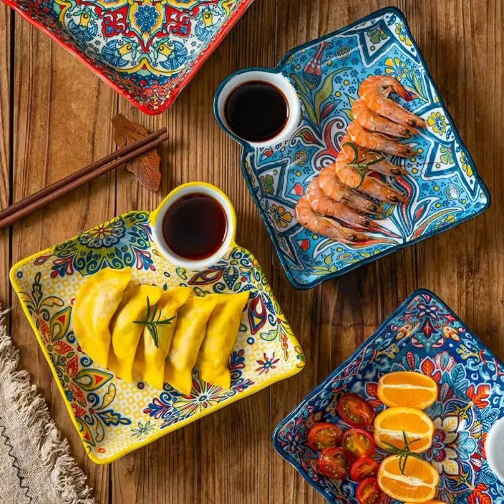 2-Pack Bohemian Ceramic Divided Plates, Ceramics Tableware, 7.5 Inches, Microwave & Oven Safe, Ideal for Dumplings, Dim Sum, Fruits, Daily Meals