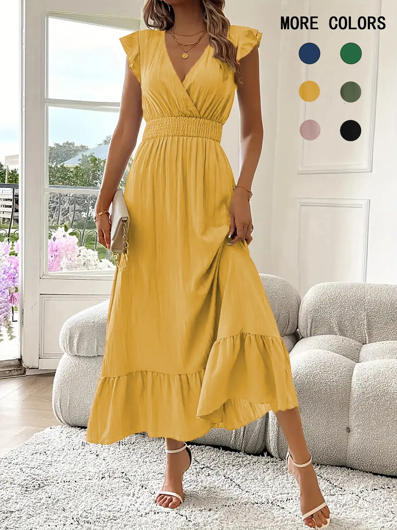 ladies normal dress Women's Plain Shirred V Neck Dress, Elegant Chic Fashion Casual Long for Daily Outdoor Wear, Women Dress for Summer, Womenswear #GLOBAL PICKS belgian linen