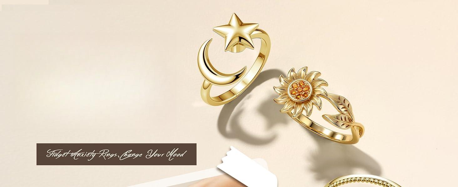 9 Pcs Fidget Anxiety Relief Rings for Women & Men, Spinner Ring Set with Cz Flower Moon Star Design, Adjustable Anti-Rotatable Jewelry Gift