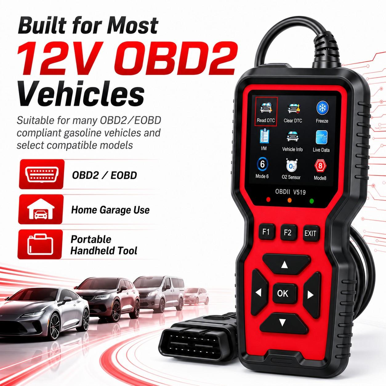 V519 Obd2 Scanner Diagnostic Tool, Engine Fault Code Reader, Live Data Stream, O2 Sensor Test, Battery Voltage Test for 12V Vehicles