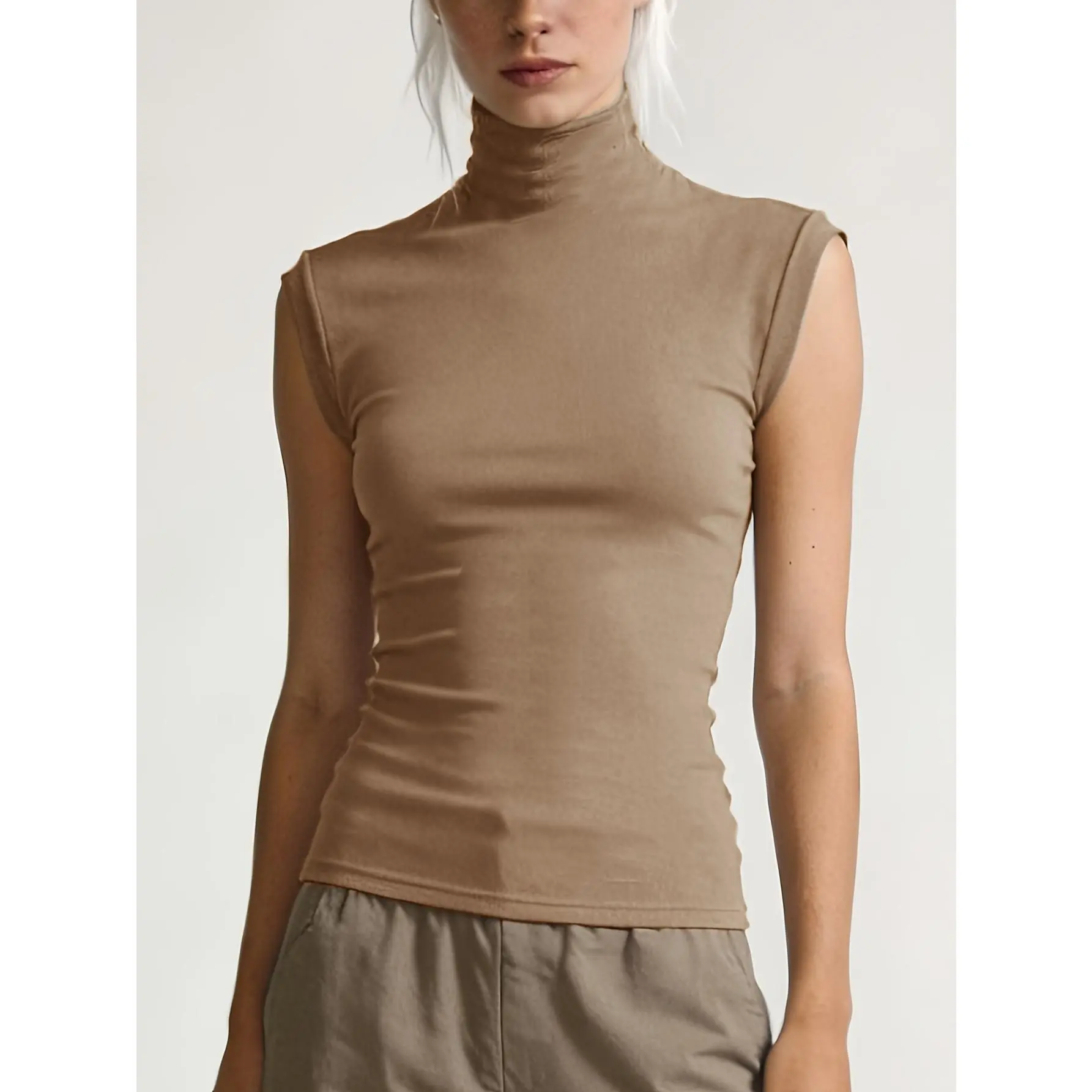 [Women's High-Neck T-Shirt] Women's High-Neck Sleeveless T-Shirt - Solid Color Base Layer Top with Medium Stretch| Spring Summer Layering Blouse| Non-Opaque Suitable for Outerwear or Base Layer, Hand Washable Elegant Minimalist Wardrobe Essential