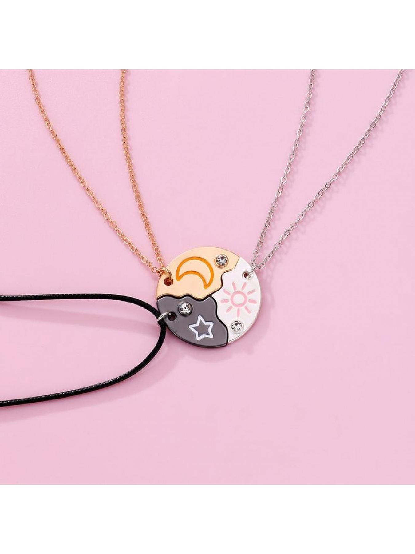 Set of 3 Round Rhinestone Star Moon Sun Friendship Necklaces BFF Best Friends Forever Fantasy Cute Pendant for Unbreakable Friendship