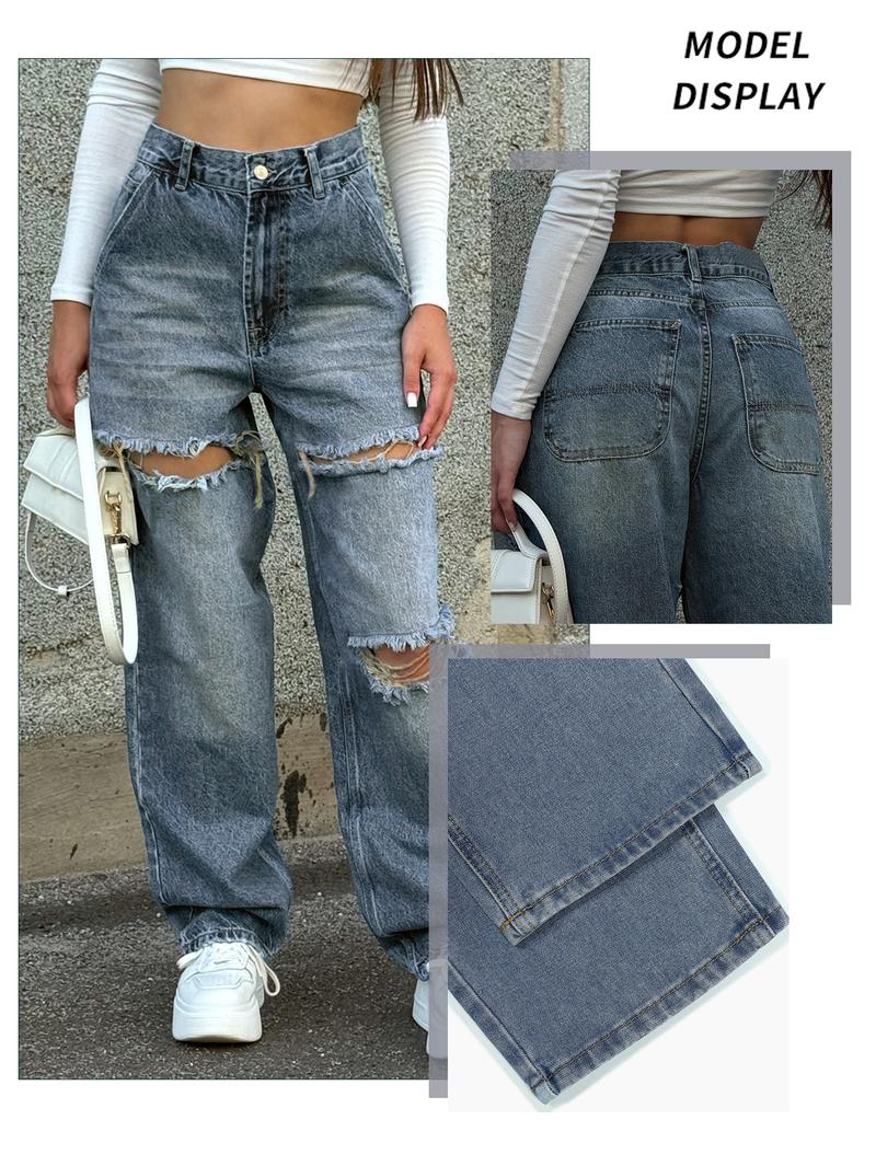 Women's Ripped Denim Jeans, Y2K Casual Fashion Pants for Daily Wear, Ladies Bottoms for All Seasons, Denim Trouser