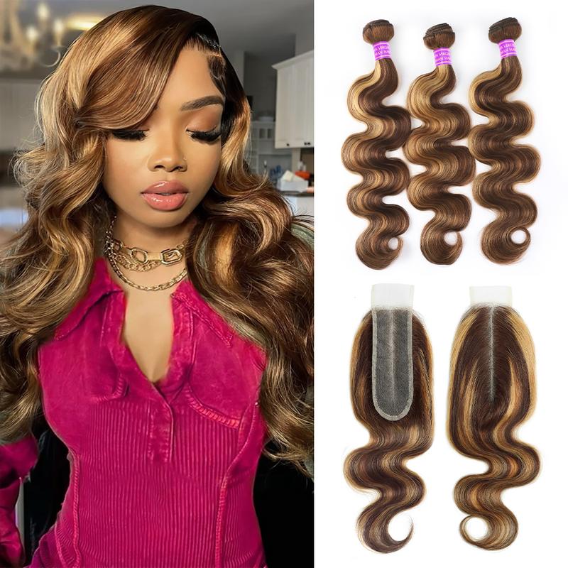 2x6 Lace Closure With Body Wave Bundles P4/27 Highlight Color Virgin Human Hair Weave Bundles With Closure 12-28 Inches