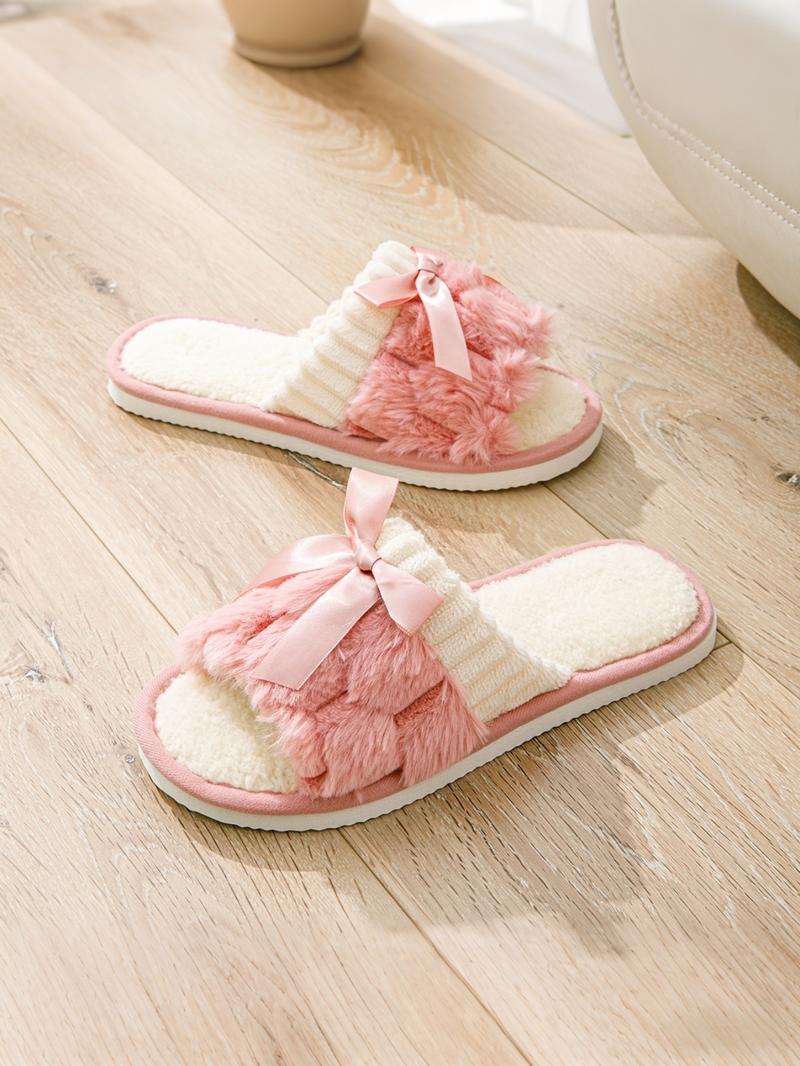 Women's Winter Bowknot Indoor Slippers, Warm Home Use, Living Room Bedroom Shoes, Fashionable Soft Plush Open Toe, Couple Style