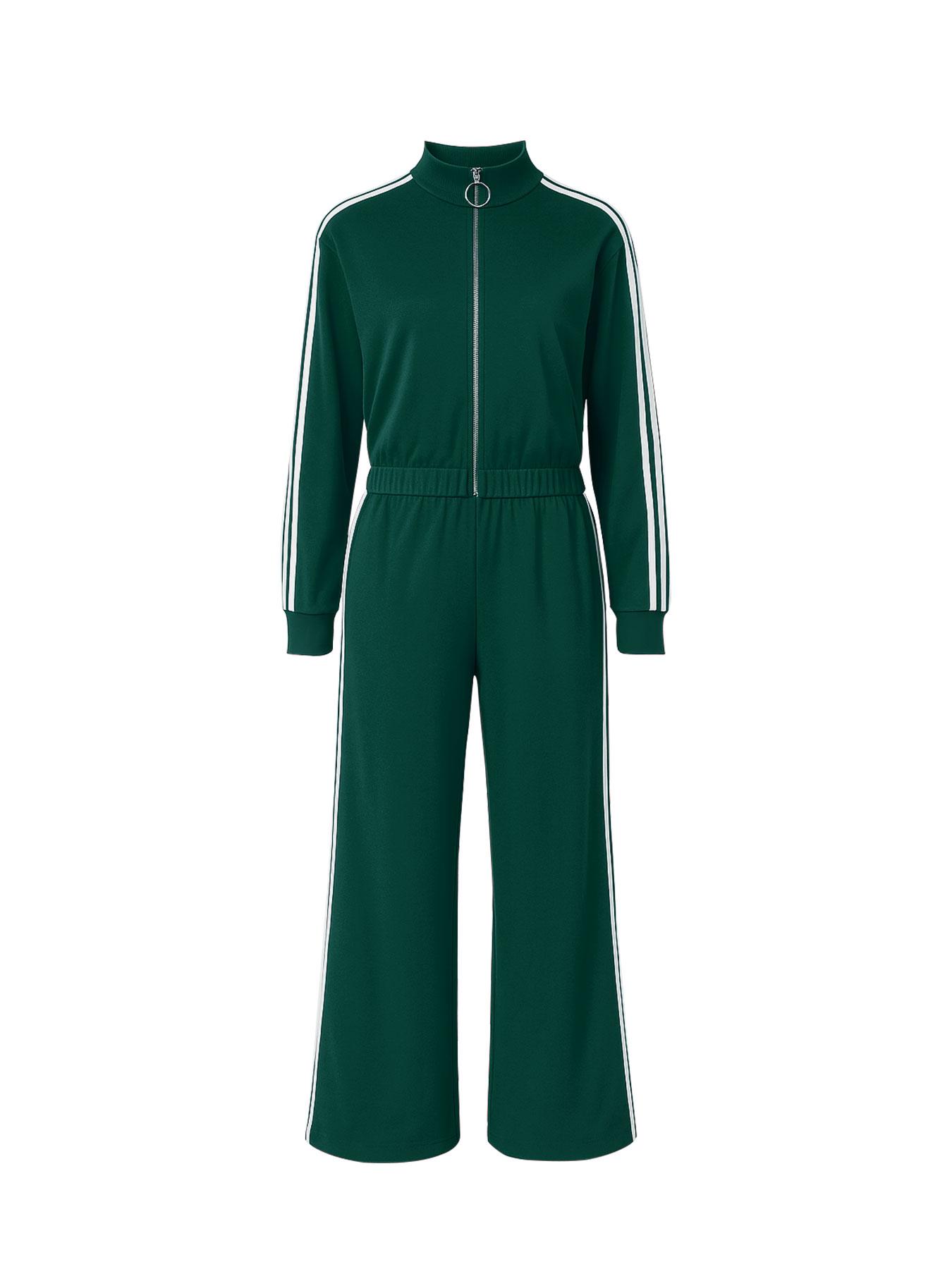 Women's Casual Patchwork Set, Zipper Stand Collar Top + High Waist Loose Pants, Slimming Design, Two-Piece for Daily Wear,Airport Outfit