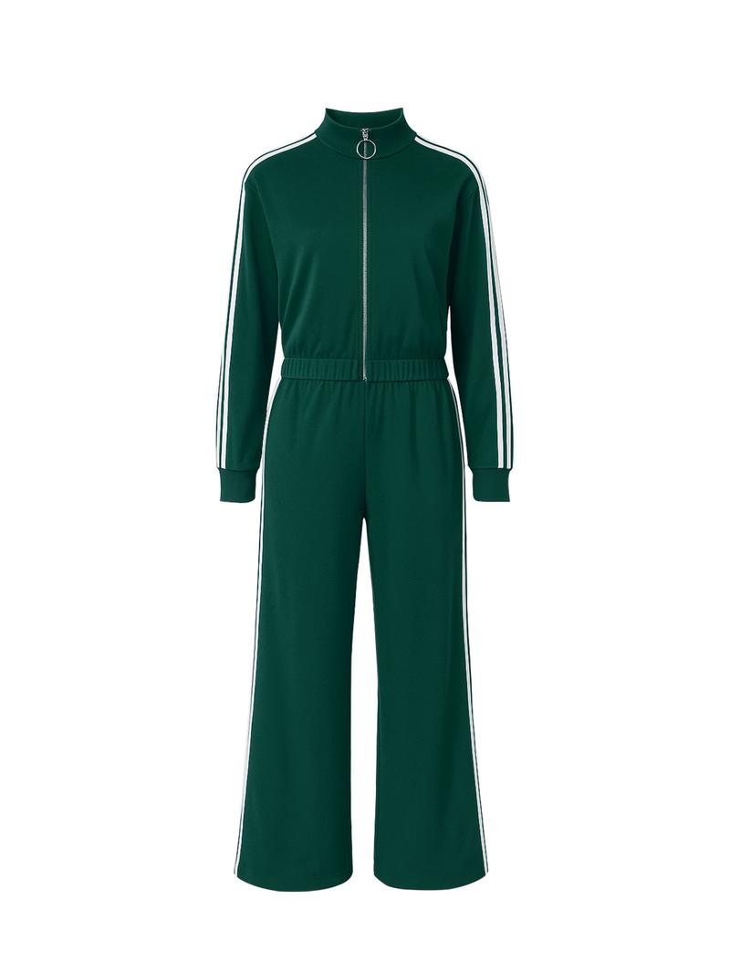 Women's Casual Patchwork Set, Zipper Stand Collar Top + High Waist Loose Pants, Slimming Design, Two-Piece for Daily Wear,Airport Outfit