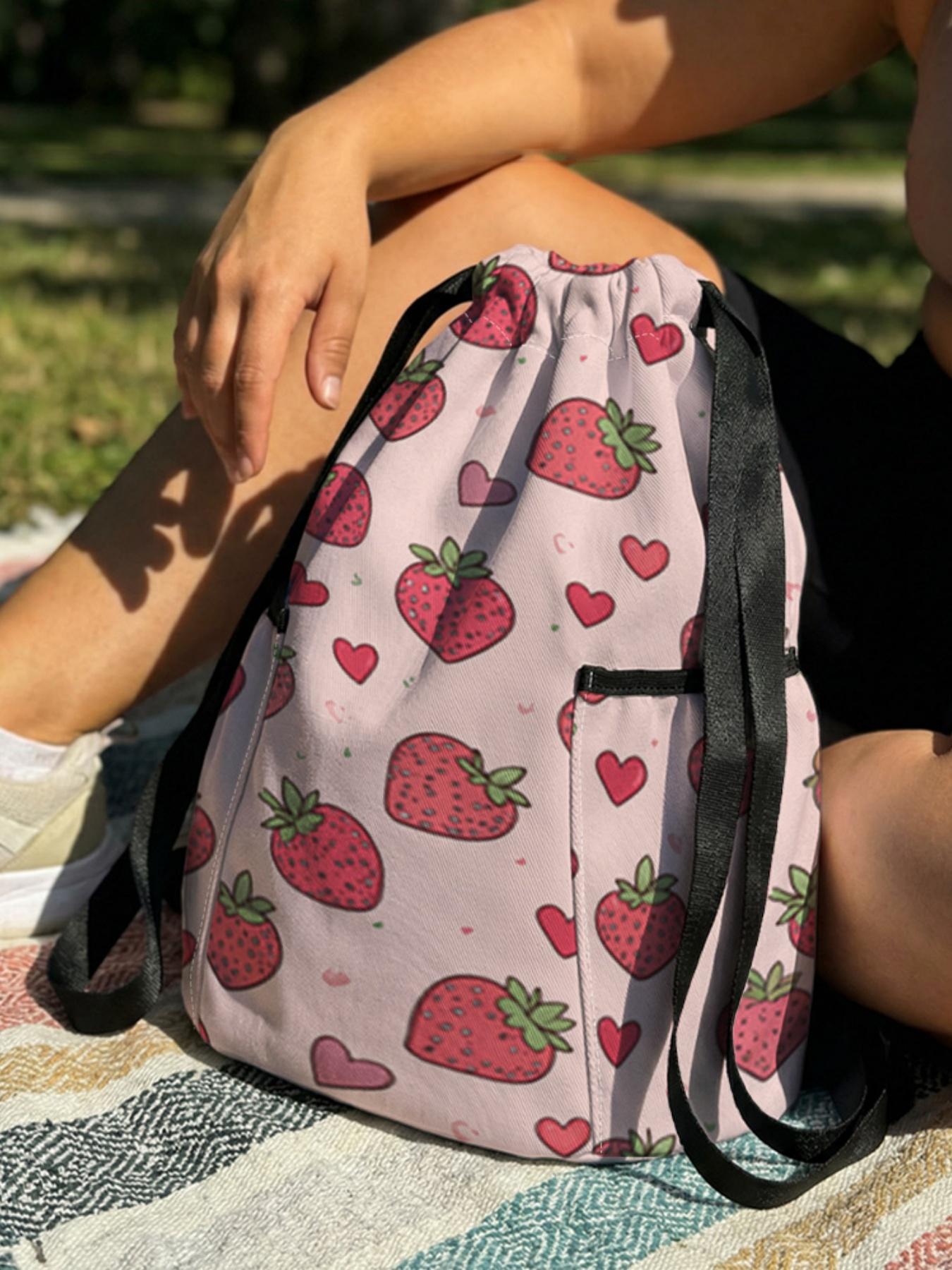 1 piece of strawberry heart pattern 2D printed drawstring backpack - large capacity durable fitness bag, with adjustable shoulder straps, suitable for both men and women, essential for travel, hiking, camping