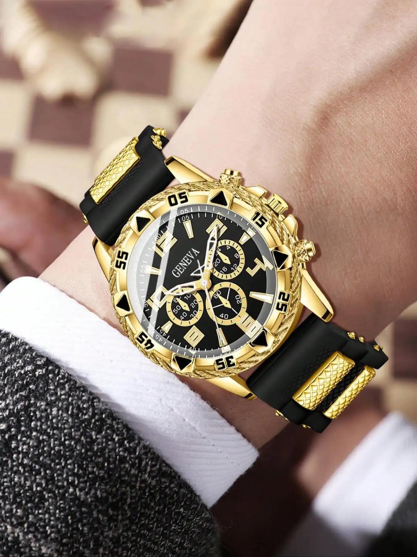 4-piece Fashion Men's Quartz Fashion Watch Set with Necklace, Bracelet Ring, Simulated Dial Design, Perfect Birthday Gift, Party Accessories, Box Not Included