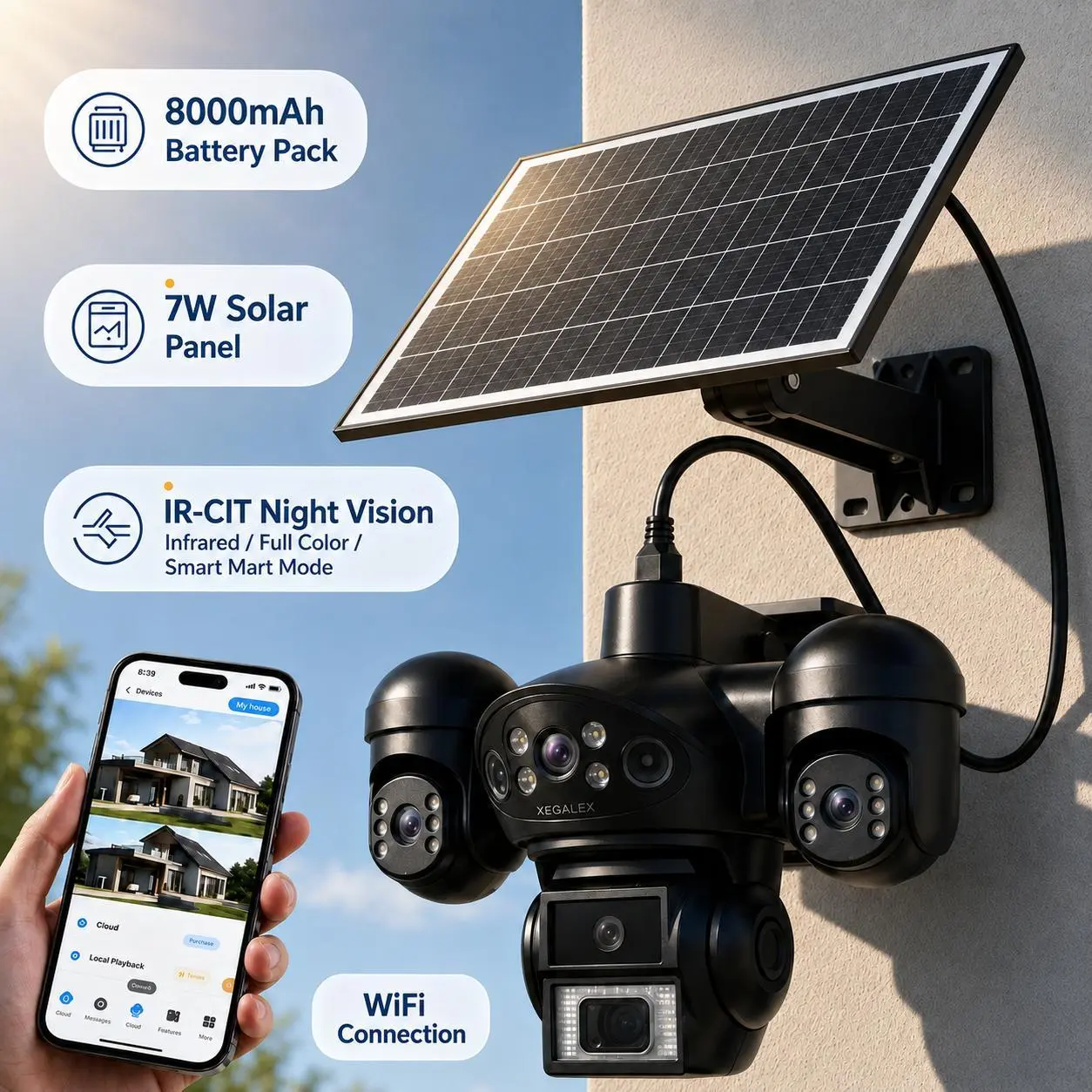 【BackToSchool】4K Solar Security Camera - Triple-Lens, 3-Angle Monitoring, 8000mAh Solar Powered, IP66 Waterproof Wireless WiFi Camera with Adjustable Audio for Home, Garage