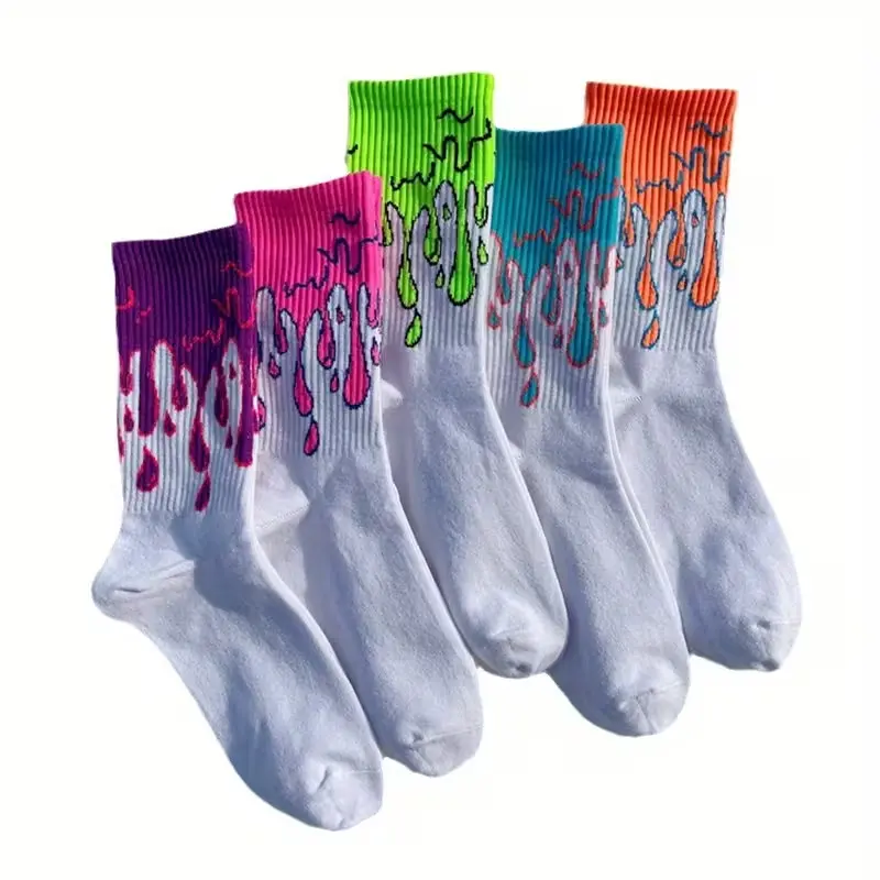 5 Pairs Unisex Colorful Graffiti Crew Socks, Bright Graphic Mid-Calf Socks for Men & Women, Trendy Streetwear Skate Style Socks, Casual Fashion Socks for Sneakers, School, Daily Wear and Everyday Outfits