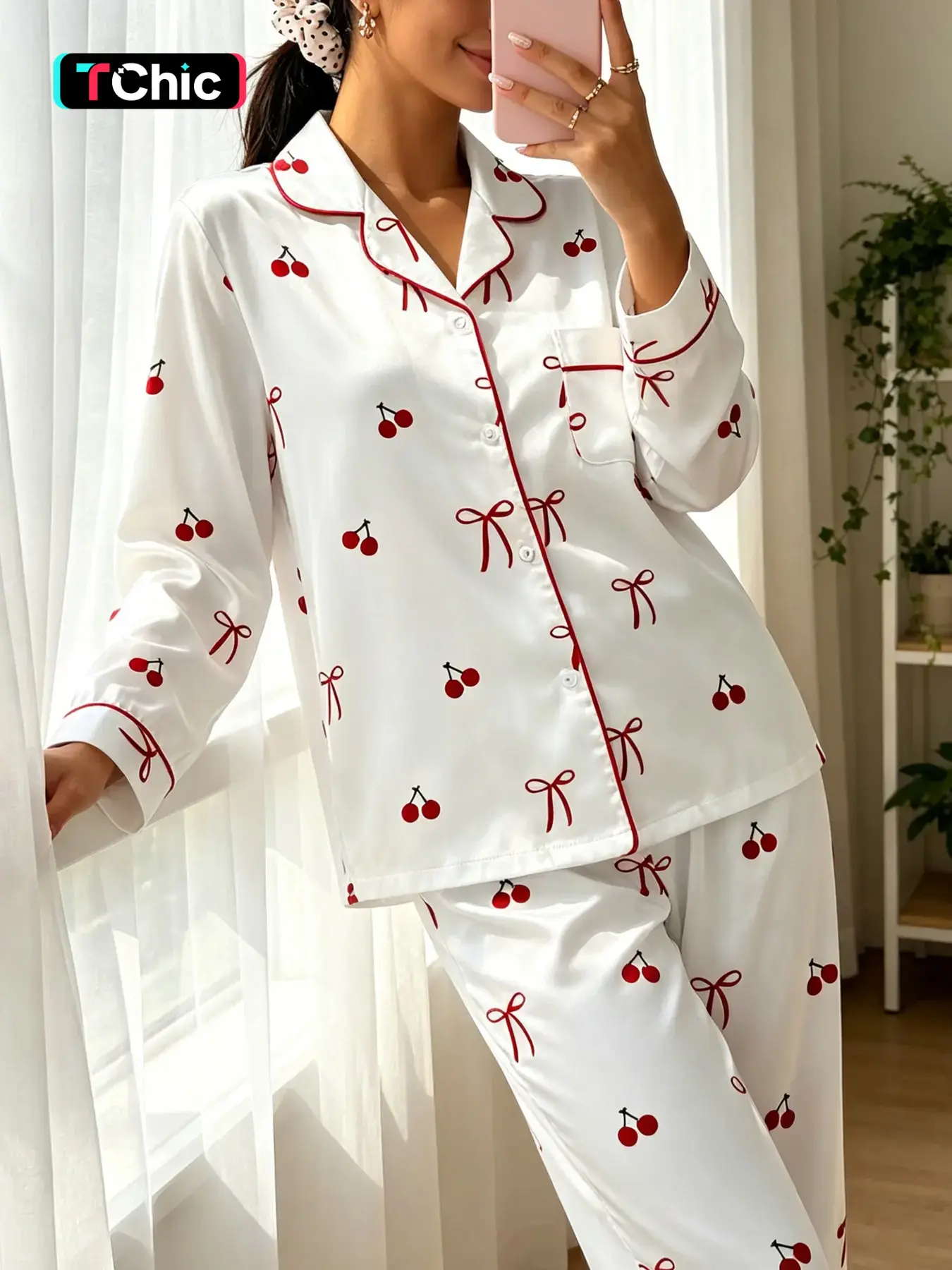 Women's Long Sleeve Pajama Set, Base Bow Cherry Print, Casual Comfortable, Soft Breathable, Fall Winter Wear