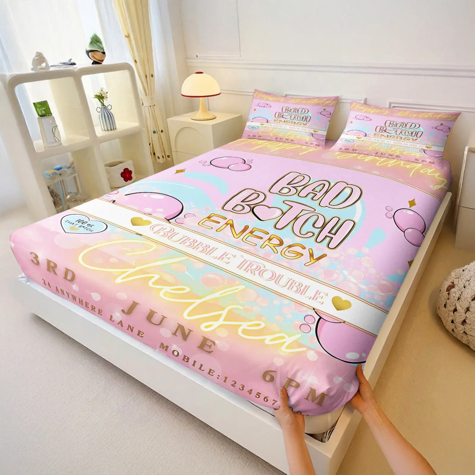 3pcs Personalized Bad Btch Energy Printed Fitted Sheet Set, Soft Bed Sheet Set Bedding Set No Fillers,Pink Vibrant Sassy Bubble Print Deep Pocket Bed Sheet, Bedroom Decor For Girls Teens All Season Bedding Gift 🎁