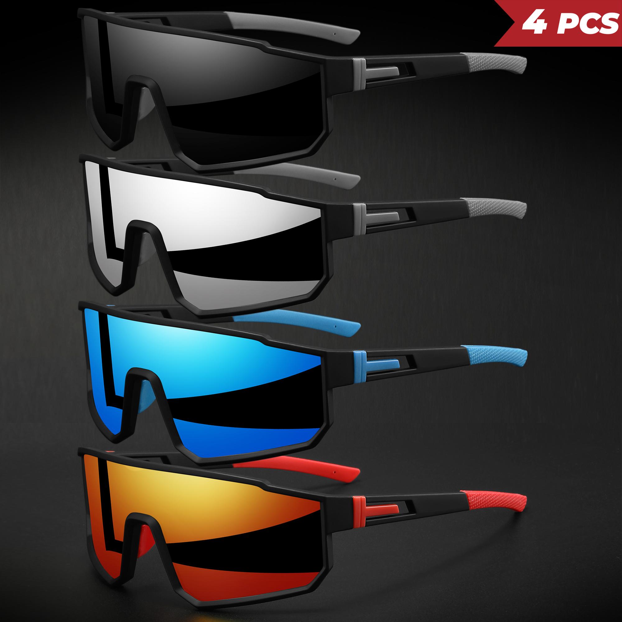 XUH 4PCS Unisex Oversized Sports Cycling Sunglasses, Colorful Wraparound UV400 Protection Windproof Glasses, Comfort Fit for Cycling Hiking Outdoor Sports,summervibes