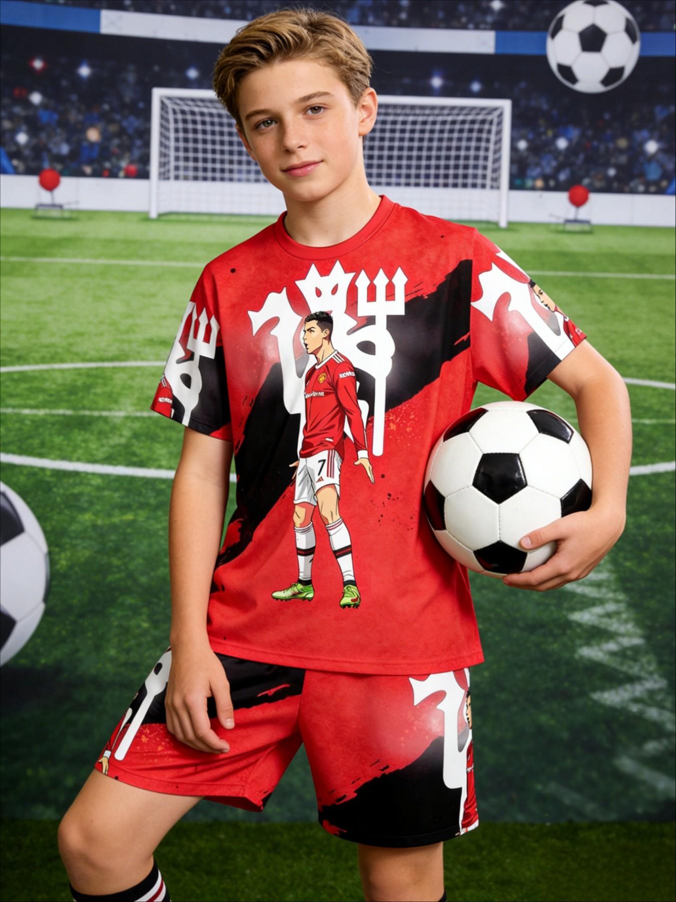 Boys' Colorblock Manchester United Cr7 Anime Print Tee and Track Shorts, Casual Summer, Party, Vacation, School Wear