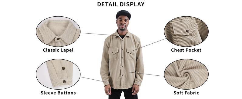 Kingapril Men's Corduroy Shirts Casual Lapel Collar Button Down Corduroy Shacket Jacket Overshirt Menswear