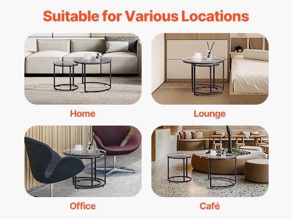 VEVOR Nesting Coffee Table Set of 2, 23.6 in Round Coffee Table, Glass Nesting Tables for Small Place, Modern End Side Tables Night Stand with Metal Frame, for Living Room, Bedroom, Balcony, Office