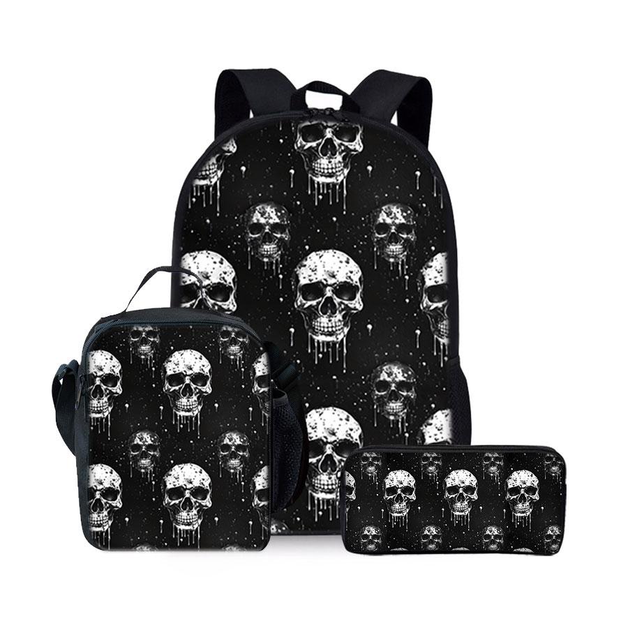 Skull pattern printed 17-inch backpack three-piece set (single-layer backpack + shoulder strap lunch bag + single-layer pencil case)