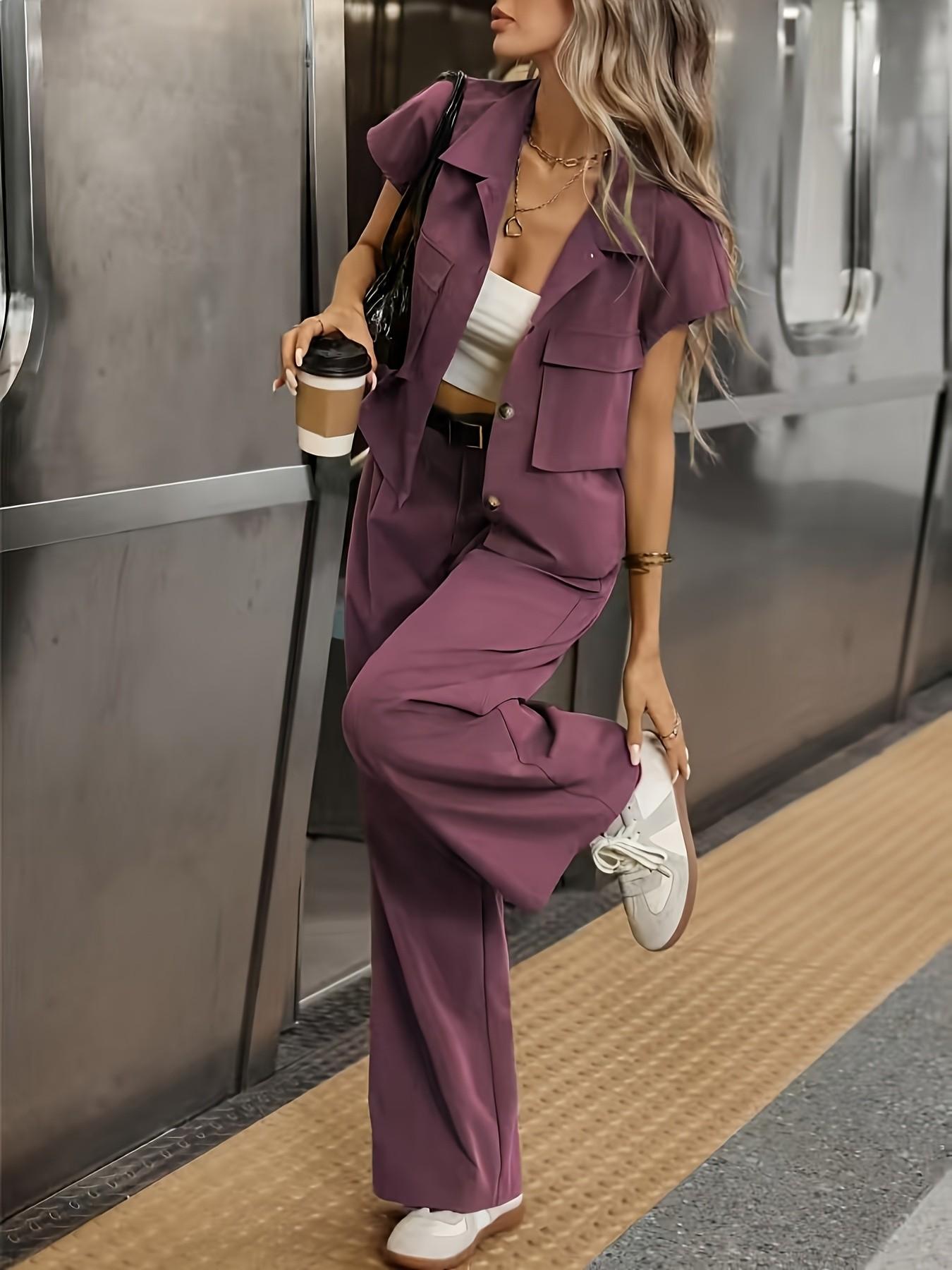 Women's Workwear Shirt & Long Pants Set, Outfit, Spring Summer New Arrival, Commuter Casual, Two-Piece Ensemble for Daily Wear