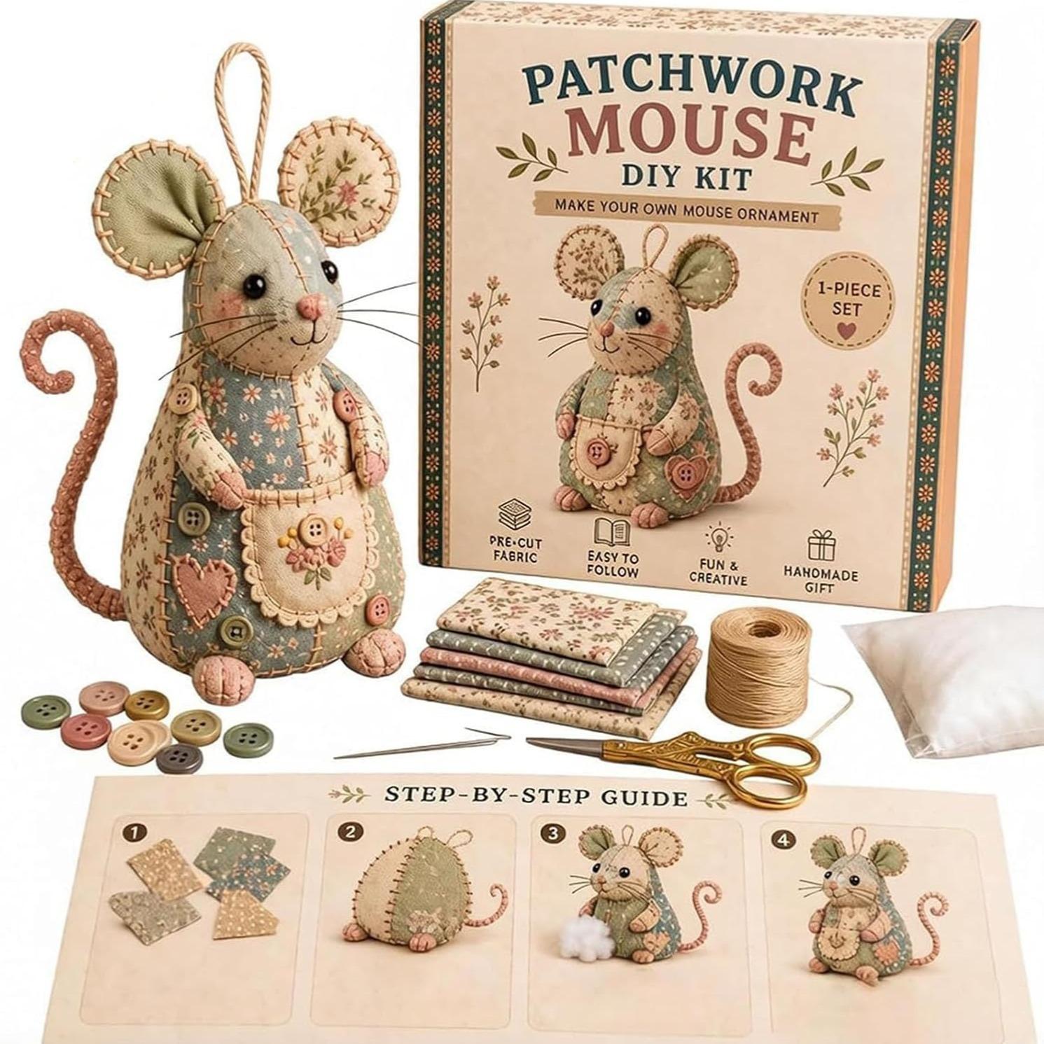 Patchwork Mouse DIY Kit, Hand Sewing Craft Set, Creative Quilted Animal Project, Cute Mouse DIY Kit, Perfect Gift for Sewing Enthusiasts