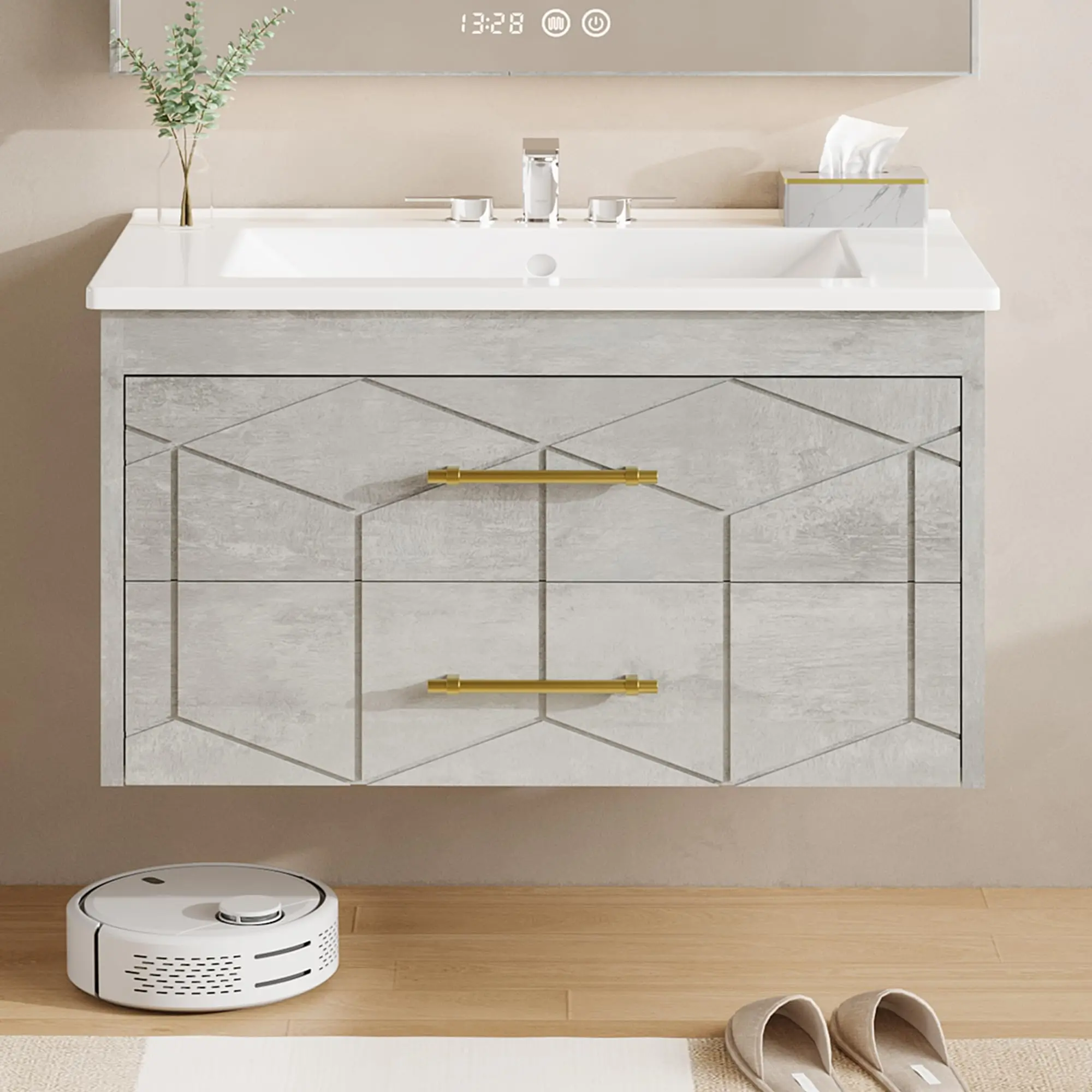 GARVEE Modern 30" Floating Bathroom Vanity in Humidity-Resistant Design with Soft-Close Drawers and Gold Handles, Grey