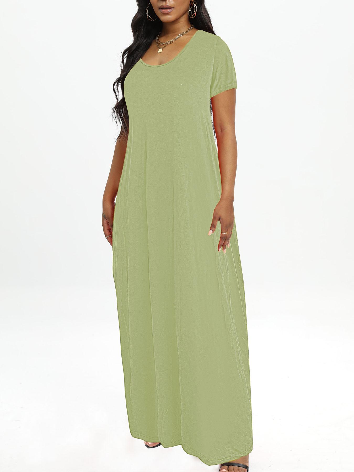 Plus Size Round Neck Short Sleeve Maxi Dress, Loose Flowy Hem, Curvy Friendly Long Dress