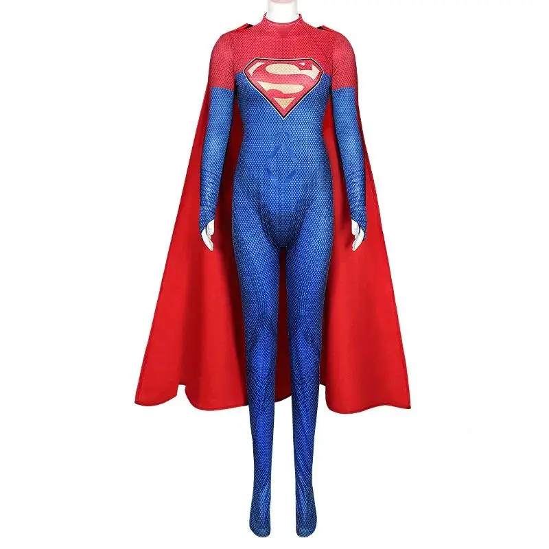 Anime Supergirl Cosplay Costume Tight Strap Cloak Halloween Superman Jumpsuit Super Heroine Cosplay Outfit Movie Costume Suit