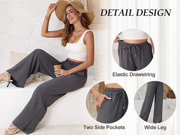 UMIPUBO Womens Linen Pants Casual Wide Leg Pants Summer Palazzo Pants Loose Flowy Beach Pants Drawstring Elastic Trousers
