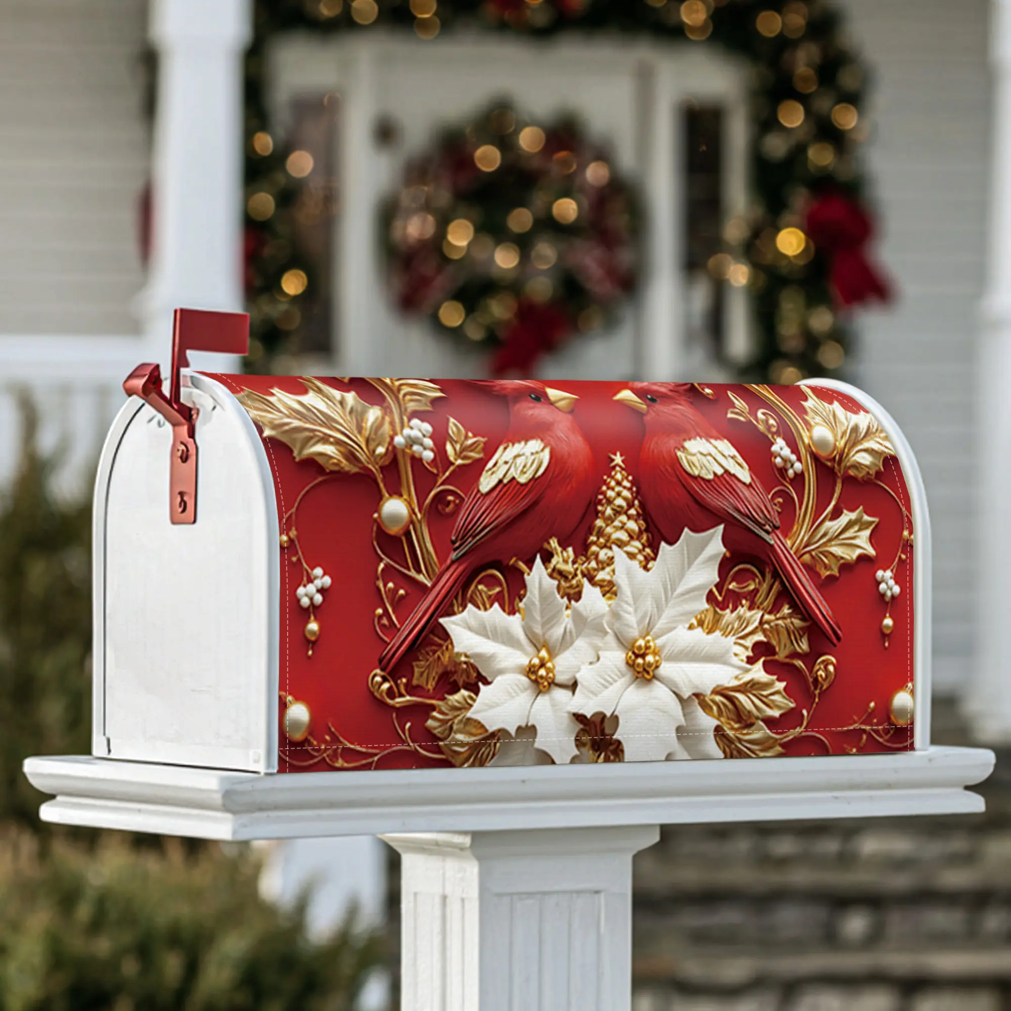 cardinals Magnetic Mailbox Covers, Christmas festive poinsettia holly Christmas red Mailbox Decorations for Front Porch Decor
