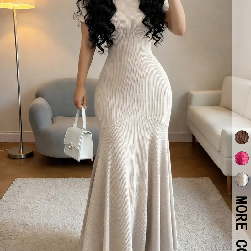 Women's Short-Sleeve Crew-Neck Bodycon Mermaid Maxi Dress Knitting Bodycon Dress