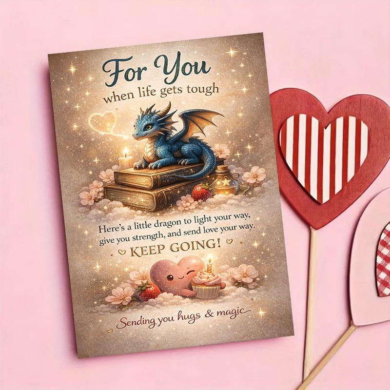 1 Set ( 1 Card+ 1 Envelope) ,Encouragement Greeting Card | Cute Dragon and Heart Design Perfect for Sending Strength, Love, and Support To Friends, Family, or Colleagues Facing Tough Times - Paper, English Language, Fantasy Theme,High-quality Paper