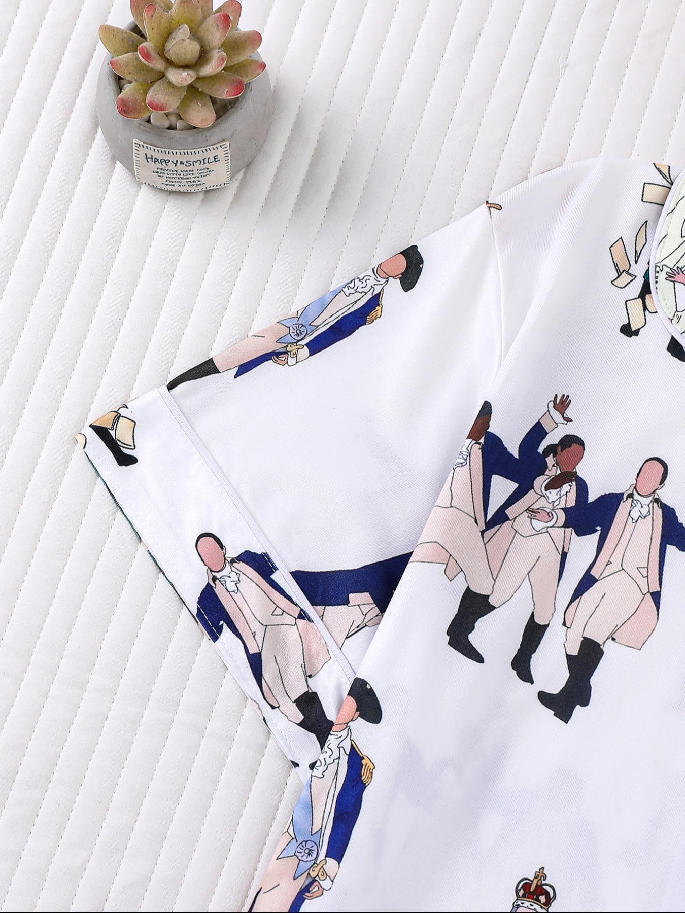Hamilton Musical Themed Women's Pajama Set, Short Sleeve Shirt Collar Button Soft Top & Elastic Shorts, Casual Home Wear