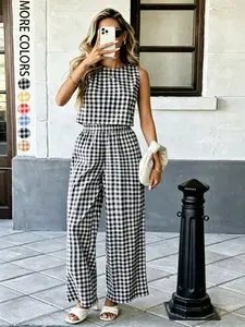 Ladies' multi-color casual plaid round neck sleeveless set, summer plaid sleeveless top+high waist wide leg pants set, suitable for commuting/dating/going out/home, essential for lazy people to wear