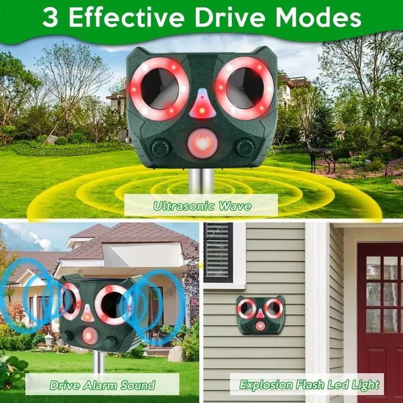 Solar-Powered Ultrasonic Animal Repeller, Rechargeable Motion Activated Outdoor Bird Deterrent, Protects From Deer Squirrels Cats Raccoons Birds