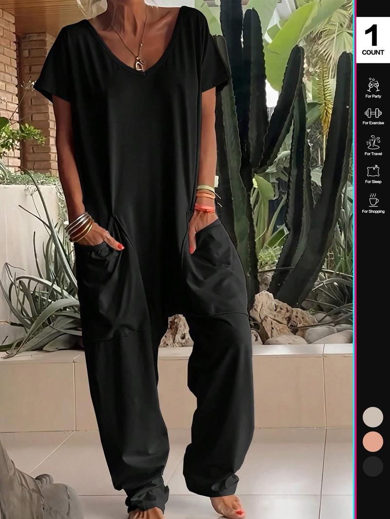 Women's Casual Jumpsuit, Short Sleeve V-Neck Design, Loose Fit Wide-Leg Romper, All Season Wear, Plain Pattern, with Pockets