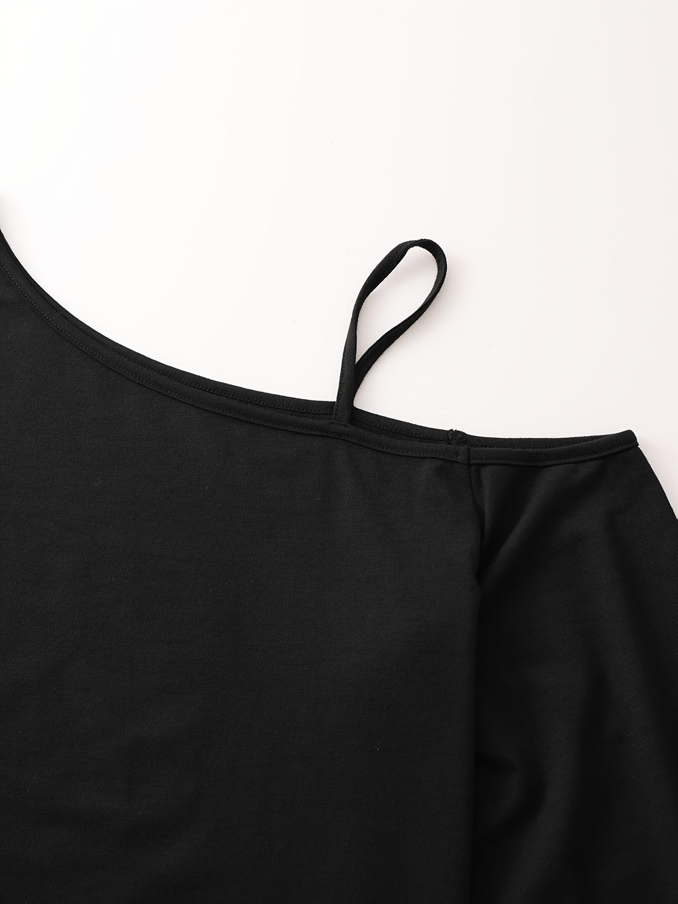 Plus Size Women's Loose-Fit Long Sleeve Cami Top, Asymmetrical Neckline, Letter Print, All Seasons, Sizes 1-8xl