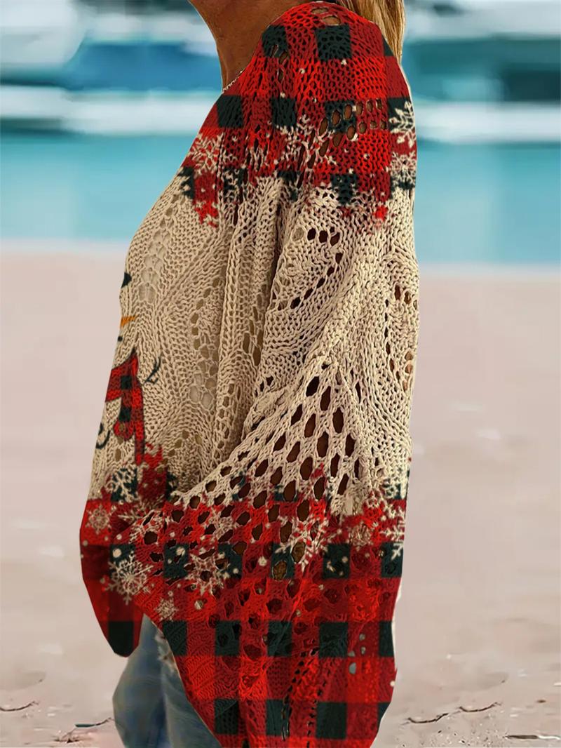 Women's Christmas Snowman Print Long Sleeve Knit Top, Casual Elegant Vacation Style Sweater, Loose Batwing Shoulders, Spring Fall Clothing, Lightweight Knitwear