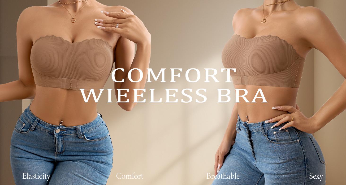 3 Pack Strapless Bras for Women Non-Slip Silicone No Padded Bandeau Bra Wireless Tube Top Front Closure Bra Womenswear