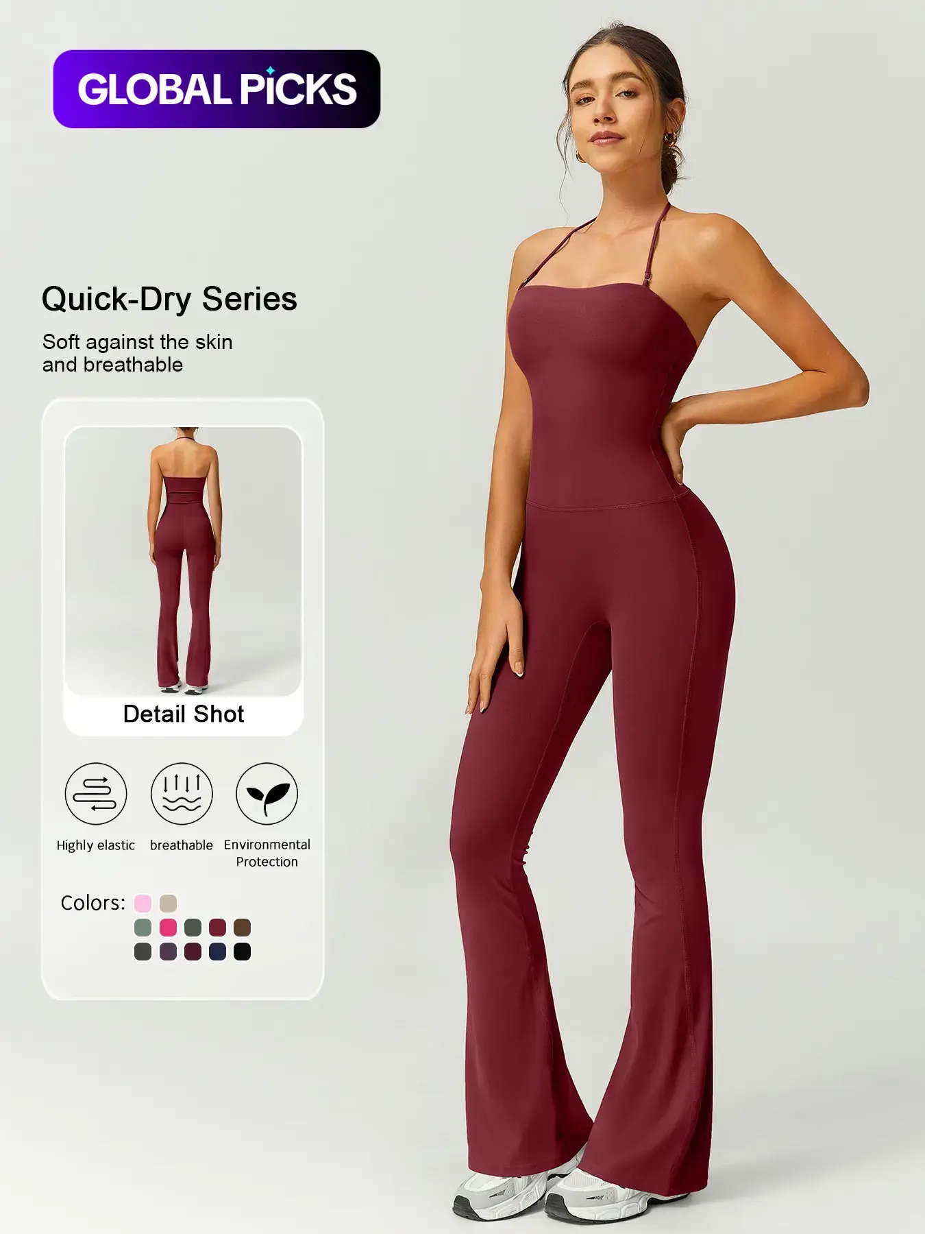Women's Solid Color Flare Leg Sports Jumpsuit, Casual Comfy Breathable Jumpsuit for Yoga Gym Workout, Ladies Sportswear for Summer, Sporty Jumpsuit, Workout Jumpsuits, Tight Fitting Jumpsuit