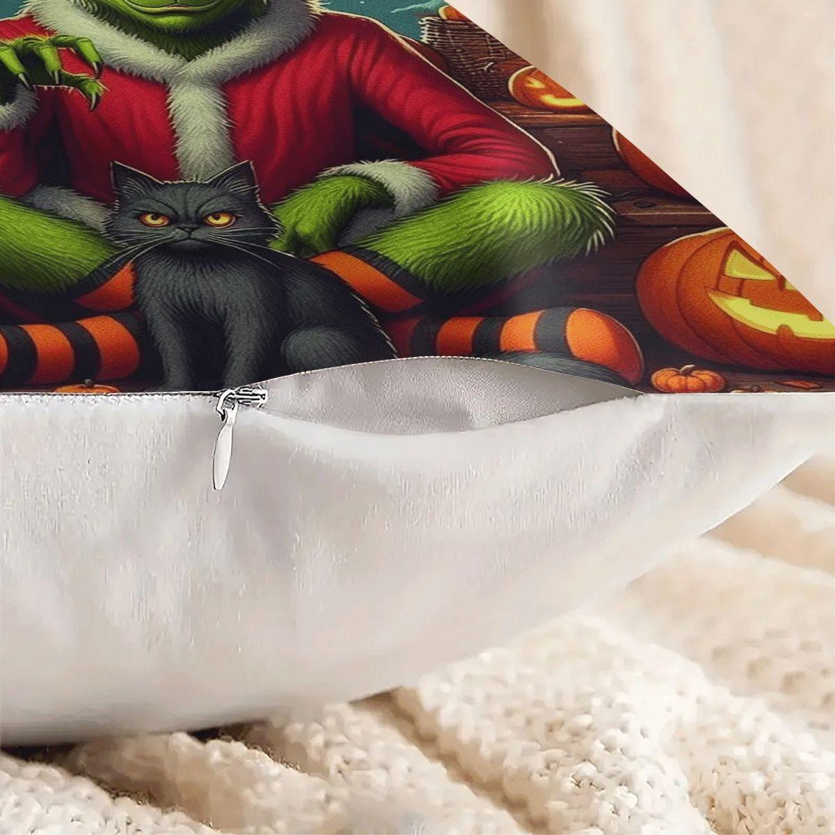 45x45cm 1Pc, Grinch Themed Halloween Christmas Cushion Pillow, spooky jack-o'-lantern bat print, soft durable cozy, perfect for sofa, bed, living room bedroom decor, ideal small holiday home gift, includes pillow filling