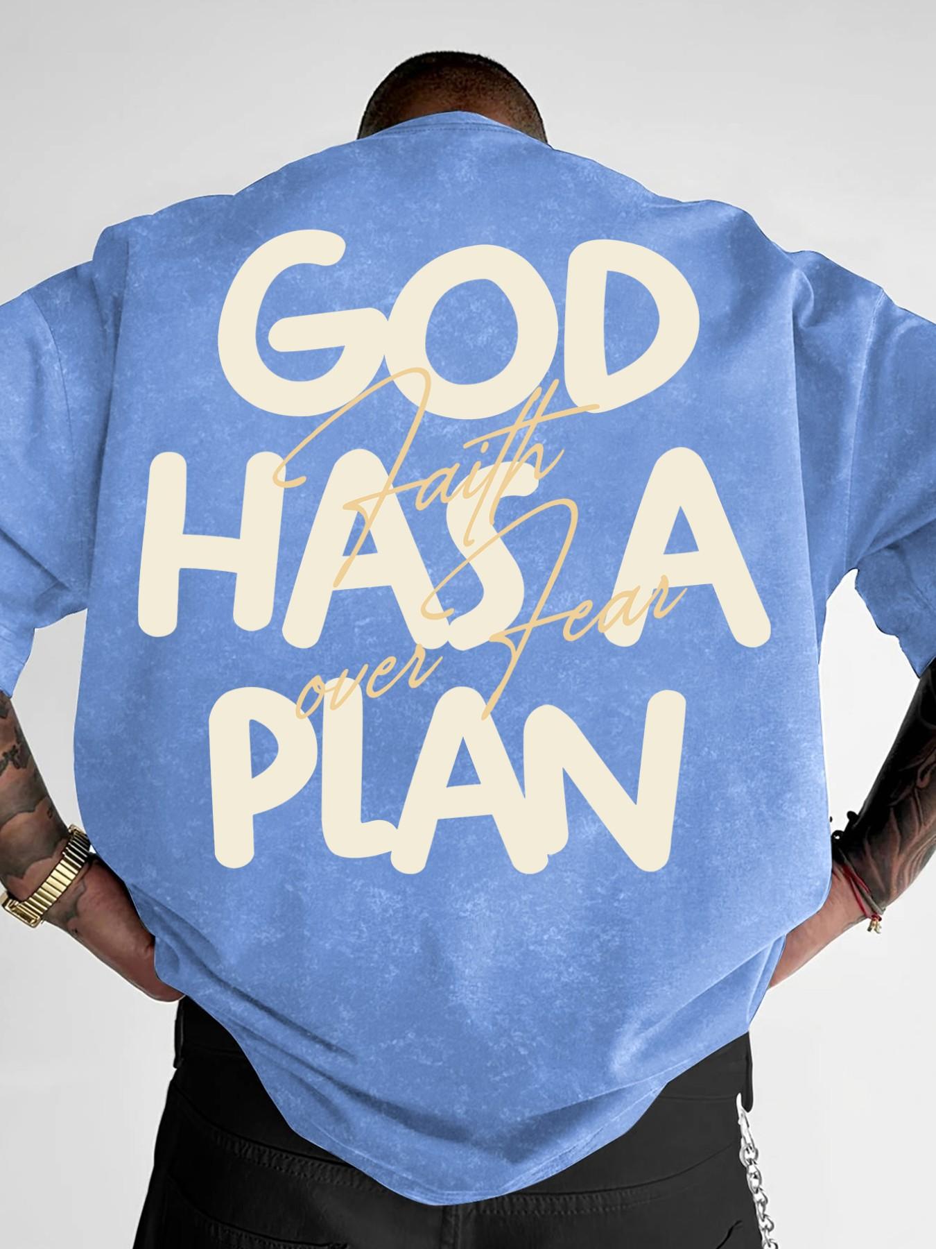 Men's Washed T-Shirt Printed with "God Has A Plan" & "Faith Over Fear", Streetwear Casual Short Sleeve Top, Slim Fit #FaithBasedTee #GodHasAPlan #WashedStreetwear #ChristianFashion #TikTokMadeMeBuyIt